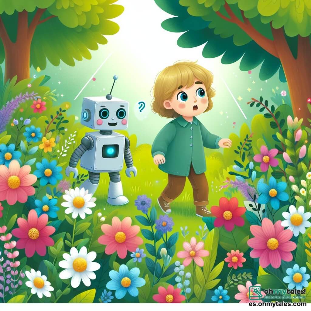 Une illustration destinée aux enfants représentant une petite fille curieuse se retrouvant soudainement dans un prado verde, accompagnée d'un sympathique robot, dans un jardin encantado rempli de fleurs de tous les couleurs et tamaños.