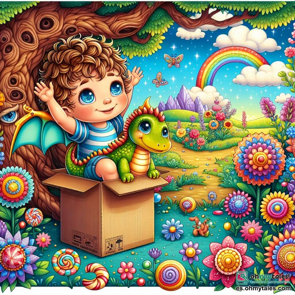 Ilustración que representa un jardín encantado, lleno de flores coloridas con pétalos brillantes y grandes árboles de troncos retorcidos. En el centro, un niño de 1 año, con cabello rizado y ojos chispeantes, está sentado en una gran caja decorada como un vehículo mágico. Lleva una camisa a rayas y un short de mezclilla, sonriendo con asombro. A su lado, un pequeño dragón amistoso, con escamas brillantes y ojos dulces, se prepara para llevarlo por los aires. El cielo es de un azul brillante, salpicado de nubes con forma de caramelos, y un arcoíris brilla a lo lejos. El niño levanta los brazos, listo para la aventura, mientras el dragón bate sus alas, creando una atmósfera de magia y exploración.