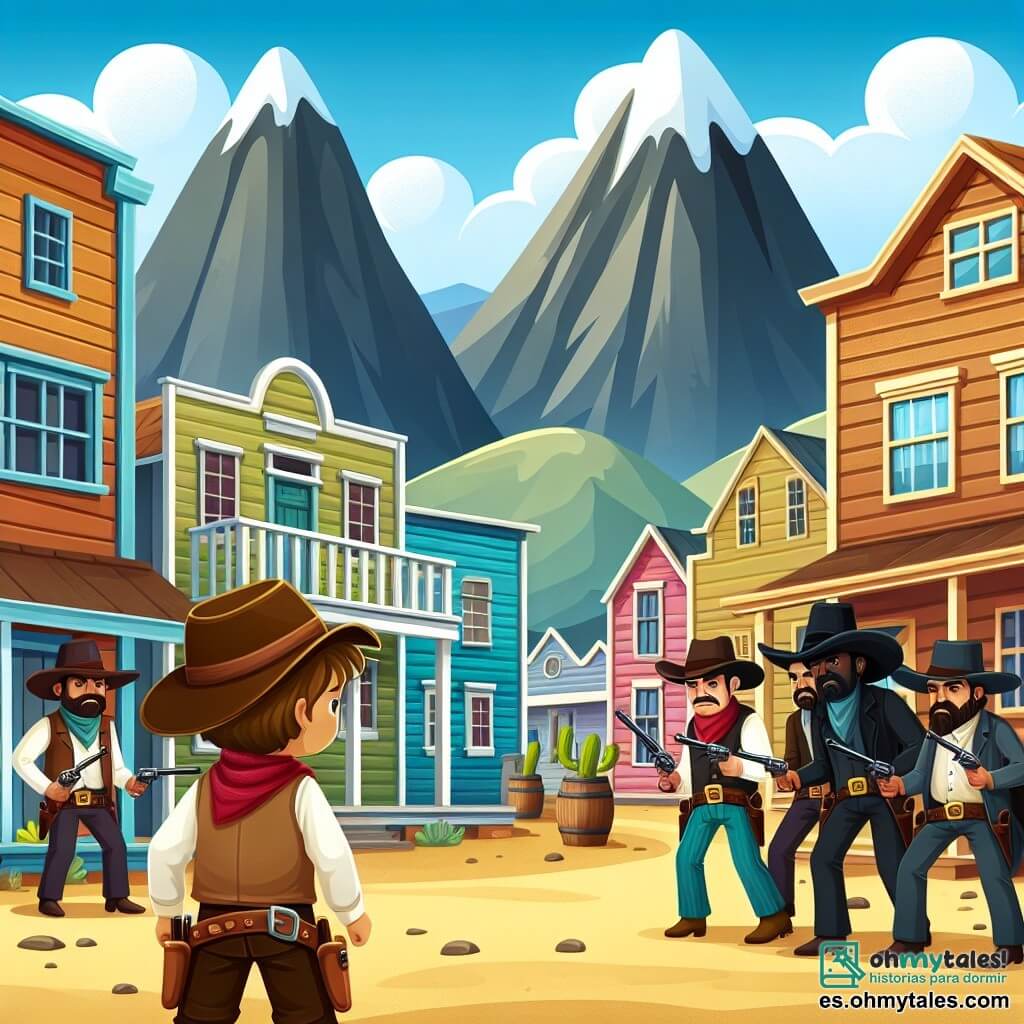 Une illustration destinée aux enfants représentant un jeune cow-boy intrépide, un groupe de forajidos menaçants, et un village pittoresque du Far West avec des maisons en bois colorées et des montagnes en arrière-plan.