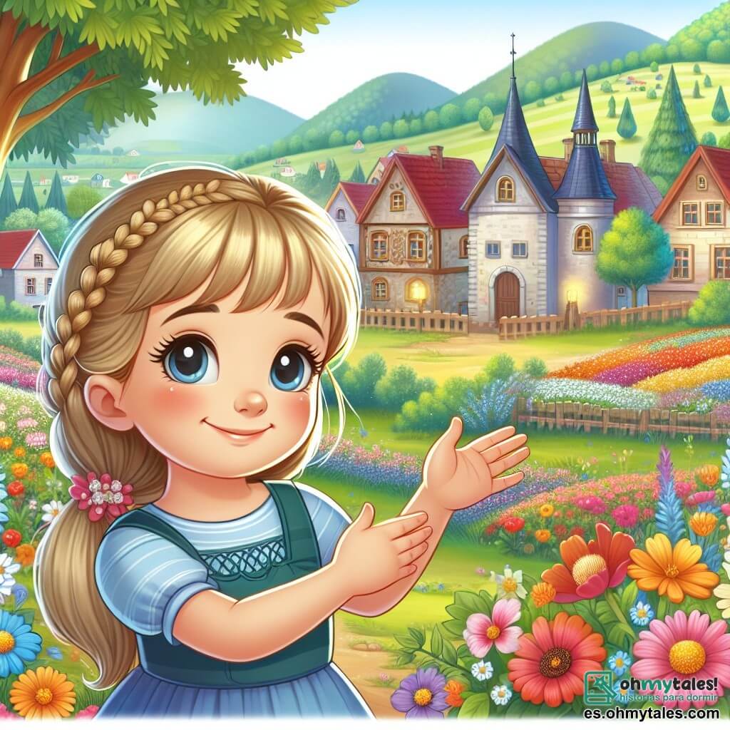Une illustration destinée aux enfants représentant une petite fille au sourire radieux, affrontant courageusement une maladie rare, avec l'amour inconditionnel de sa famille et le soutien de ses amis, dans un village pittoresque bordé de champs de fleurs multicolores et d'arbres majestueux.