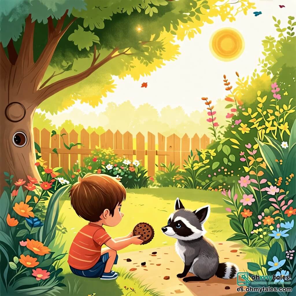 Une illustration sous forme de dessin destinée aux enfants représentant un jardin coloré et ensoleillé à Dulcelandia, avec un garçon de 4 ans aux cheveux châtain et aux yeux pétillants, qui regarde avec curiosité un petit raton gris tenant une gallette de chocolat dans ses pattes, tandis qu'un petit chien pelucheux aux grandes oreilles s'approche avec enthousiasme, le tout dans une atmosphère de mystère et d'amitié, capturant l'instant où le garçon découvre le voleur de gallette.
