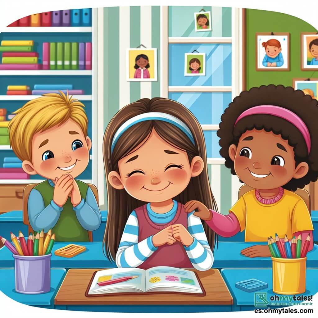 Une illustration destinée aux enfants représentant une petite fille timide et souriante, confrontée au harcèlement à l'école, avec le soutien précieux de ses amis, dans une salle de classe lumineuse avec des dessins colorés accrochés aux murs et des étagères remplies de livres et de fournitures scolaires.