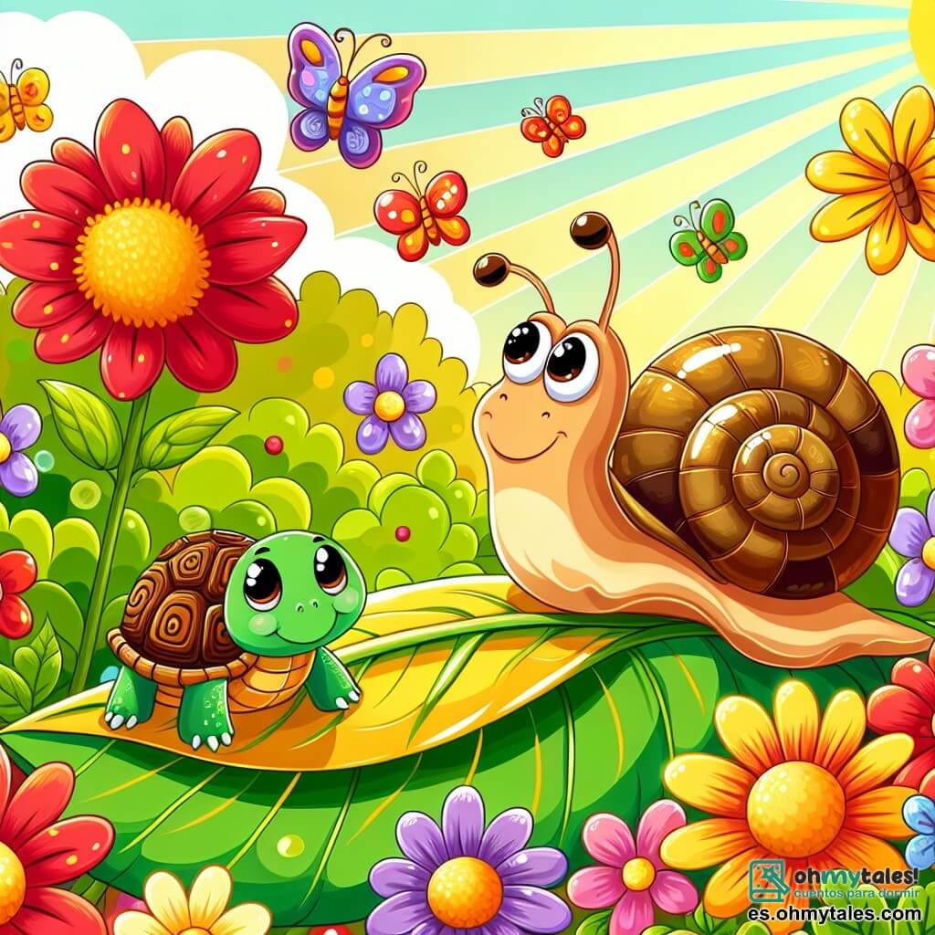 Ilustración que representa un jardín colorido y soleado, lleno de flores brillantes en tonos vivos de rojo, amarillo y violeta. En el centro de la imagen, un pequeño caracol con una concha en espiral de matices marrones y crema, se desplaza lentamente sobre una hoja verde, con ojos chispeantes de curiosidad. A su lado, una tortuga con caparazón verde y marrón, con una mirada amigable, lo observa atentamente, lista para escuchar los sueños de su amigo. En el fondo, mariposas coloridas bailan en el aire, añadiendo un toque de magia a la escena. El caracol parece decidido, soñando con aventuras, mientras que la tortuga sonríe, animando a su amigo a seguir sus aspiraciones. Rayos de sol se filtran a través de las hojas, creando una atmósfera cálida y alegre, ideal para un hermoso día de exploración en el jardín.