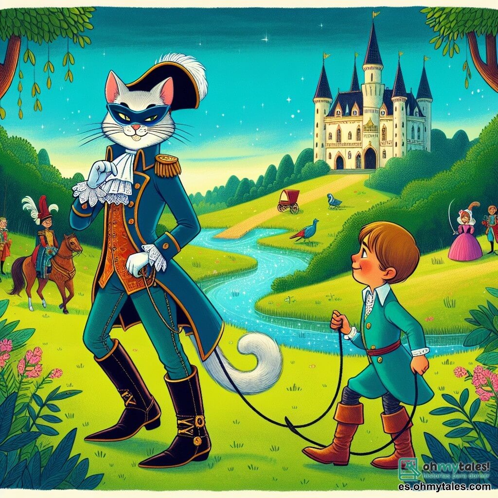 Une illustration destinée aux enfants représentant un félin rusé vêtu de bottes élégantes, orchestrant une ruse ingénieuse avec un jeune garçon déguisé en noble, dans un royaume enchanté rempli de prairies verdoyantes, châteaux majestueux et rivières scintillantes.