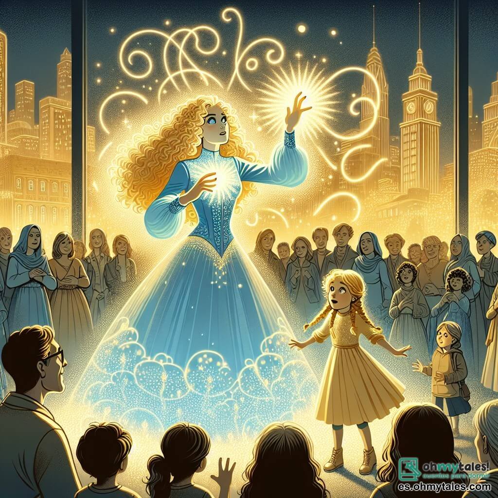 Une illustration sous forme de dessin destinée aux enfants représentant un parc central de la ville de Luminalia, baigné de lumière dorée, où une femme aux cheveux bouclés et dorés, vêtue d'un costume bleu céleste scintillant, utilise ses pouvoirs pour créer des formes lumineuses autour d'elle, tandis qu'une petite fille aux yeux émerveillés, avec des tresses et un sourire, se tient à ses côtés, et un groupe de personnes de tous âges, regardant avec admiration, se tient en cercle, unis par la lumière, alors qu'une ombre mystérieuse se dissipe lentement, symbolisant la victoire sur la peur et l'unité de la communauté.