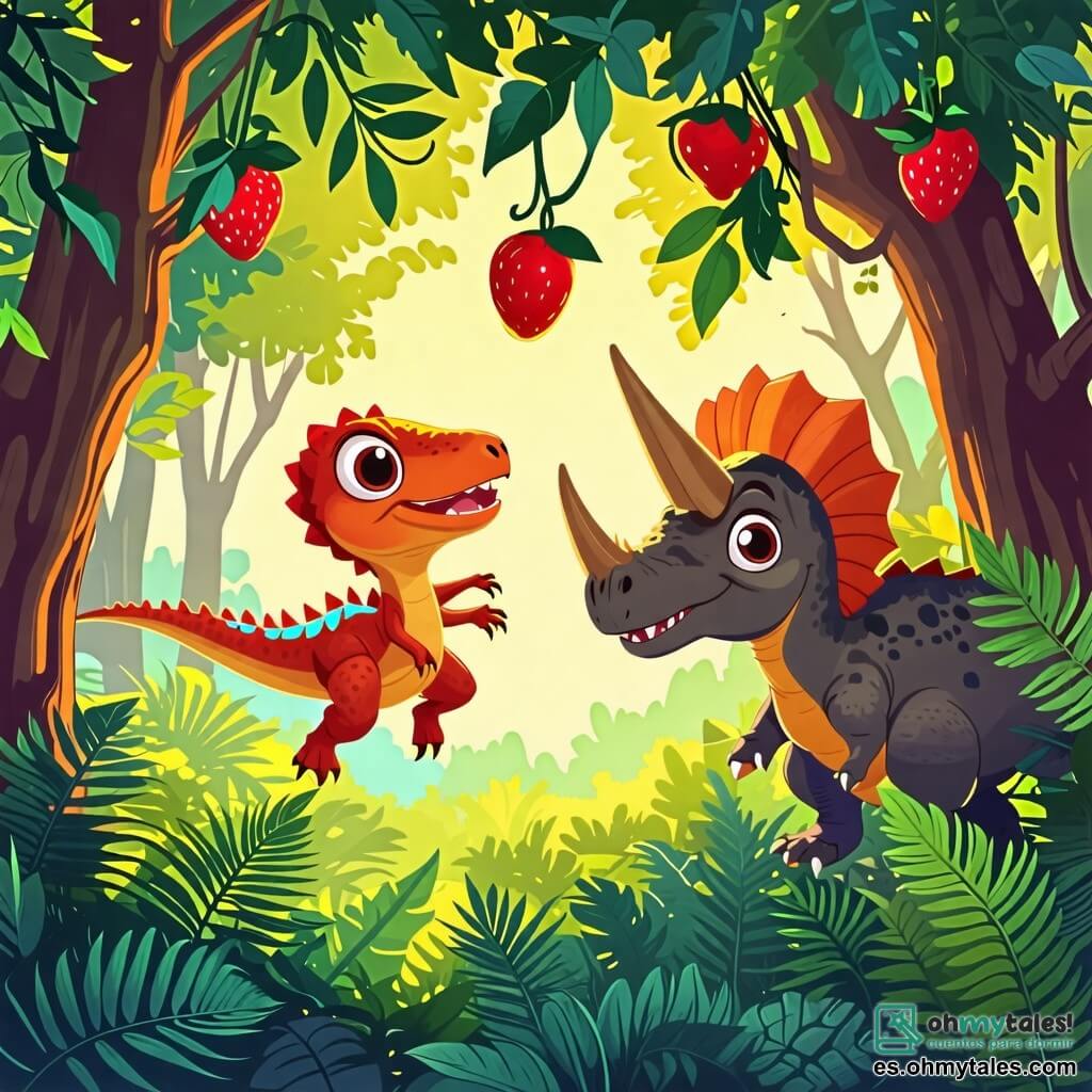 Une illustration sous forme de dessin destinée aux enfants représentant une jungle luxuriante avec des arbres géants et des fougères vertes, où un petit vélociraptor au plumage coloré, aux yeux pétillants et à la queue agile, est en train de sauter joyeusement pour attraper des fruits juteux accrochés à un arbre, tandis qu'un triceratops au large dos et aux cornes imposantes, souriant et curieux, l'observe avec enthousiasme, le tout baigné par la lumière dorée du soleil filtrant à travers le feuillage, illustrant l'amitié et l'aventure d'une journée de jeu à la recherche de nourriture.