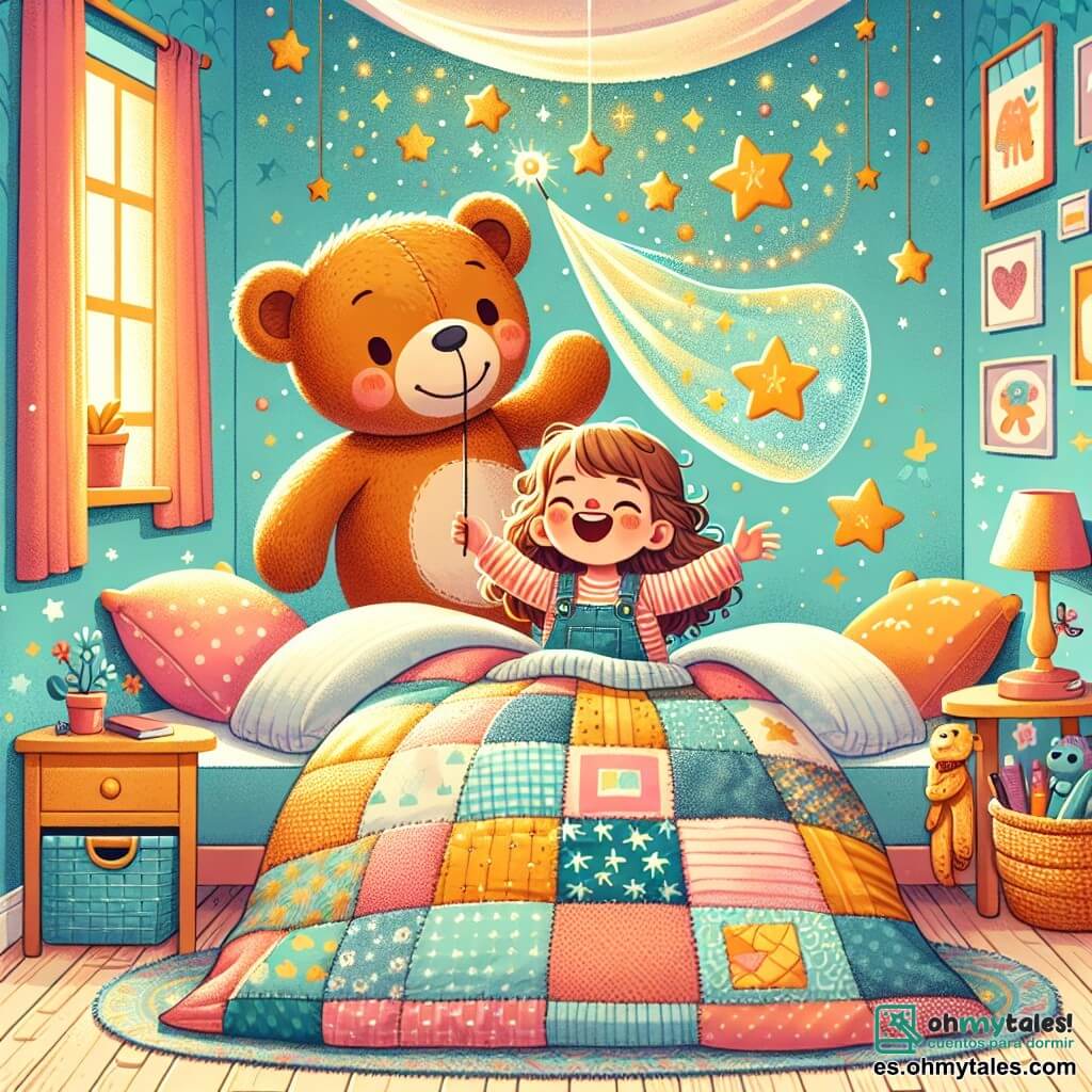 Ilustración que representa una habitación cálida y colorida, con paredes pintadas de azul pastel y estrellas doradas brillando en el techo. En el centro, una cama acogedora cubierta con una manta de patchwork, donde una niña de 1 año, con cabello rizado y castaño, ríe a carcajadas, sosteniendo en sus brazos un oso de peluche. El oso, con un pelaje suave y marrón, tiene grandes ojos redondos y una sonrisa amigable. La niña está acostada de espaldas, rodeada de cojines mullidos, y agita alegremente una manta mágica sobre ella. Junto a ella, el oso de peluche parece bailar, como si la invitara a un viaje imaginario. La situación principal muestra la magia del juego, donde la habitación se transforma en un mundo fantástico, lleno de risas y aventuras. Estrellas brillantes flotan a su alrededor, y un gran trozo de queso imaginario flota en el aire, añadiendo un toque humorístico a esta escena de ensueño.