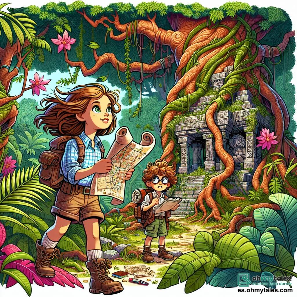 Une illustration sous forme de dessin destinée aux enfants représentant une jungle luxuriante avec des arbres géants aux feuilles brillantes et des fleurs colorées, où une jeune fille aux cheveux au vent et aux yeux pétillants, vêtue d'une chemise à carreaux et d'un short, tient un vieux mappe enroulé tout en observant avec émerveillement une structure de pierre ancienne recouverte de lianes, tandis qu'à ses côtés, un garçon aux lunettes et aux cheveux bouclés, portant un sac à dos rempli de fournitures d'exploration, prend des notes dans un carnet, alors qu'ils découvrent ensemble les mystères d'une ville perdue, entourés de l'énergie vibrante de la jungle.
