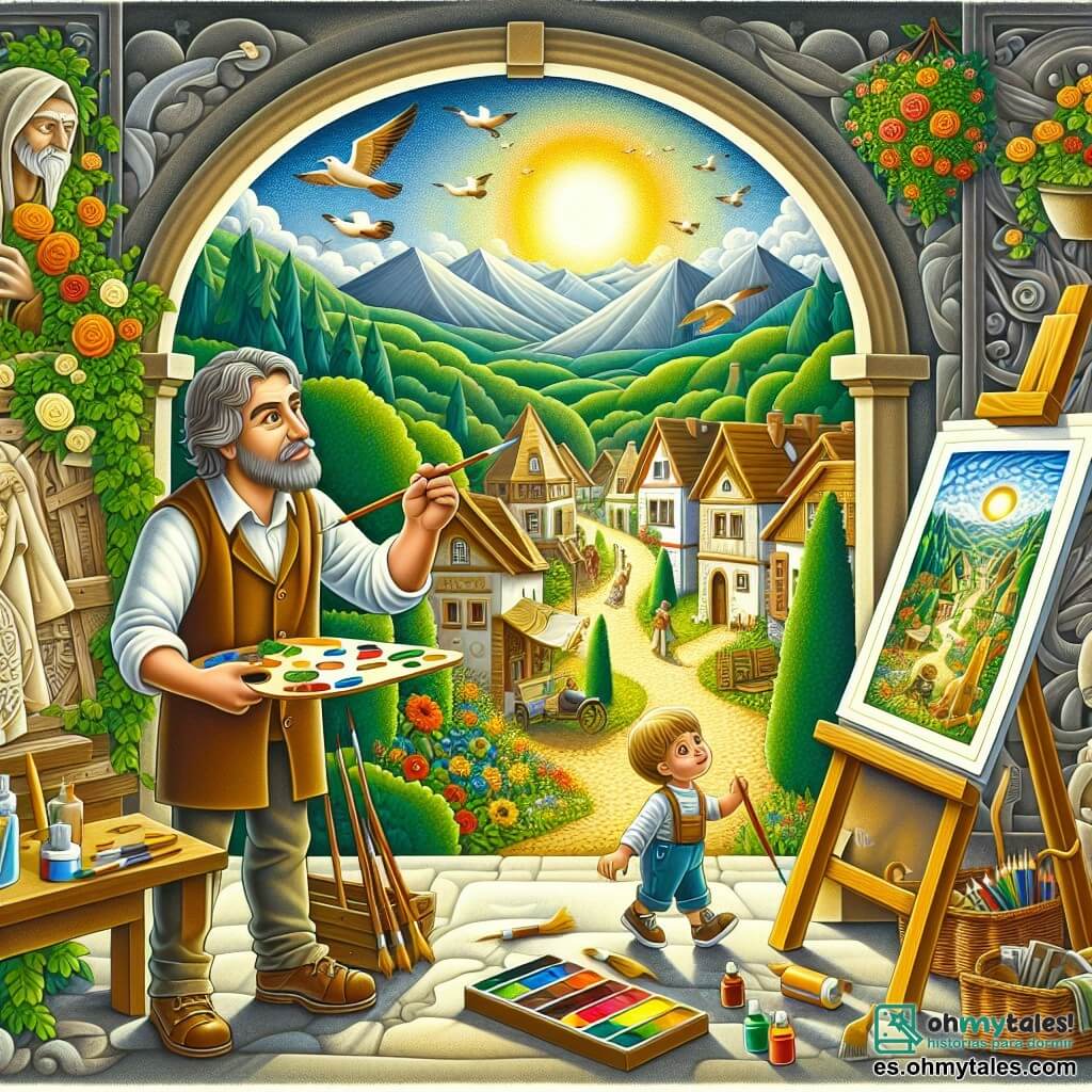Une illustration destinée aux enfants représentant un artiste talentueux préparant ses œuvres pour la Grande Exposition d'Art, accompagné d'un enfant curieux, dans un petit village coloré entouré de magnifiques paysages naturels.