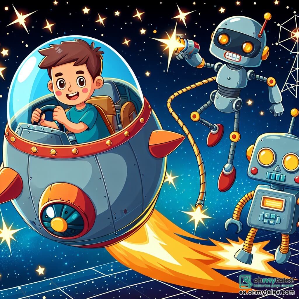 Une illustration destinée aux enfants représentant un homme courageux dans un vaisseau spatial, affrontant des robots malicieux aux côtés de son fidèle robot assistant dans un satellite brillant entouré d'étoiles scintillantes dans l'espace intergalactique.
