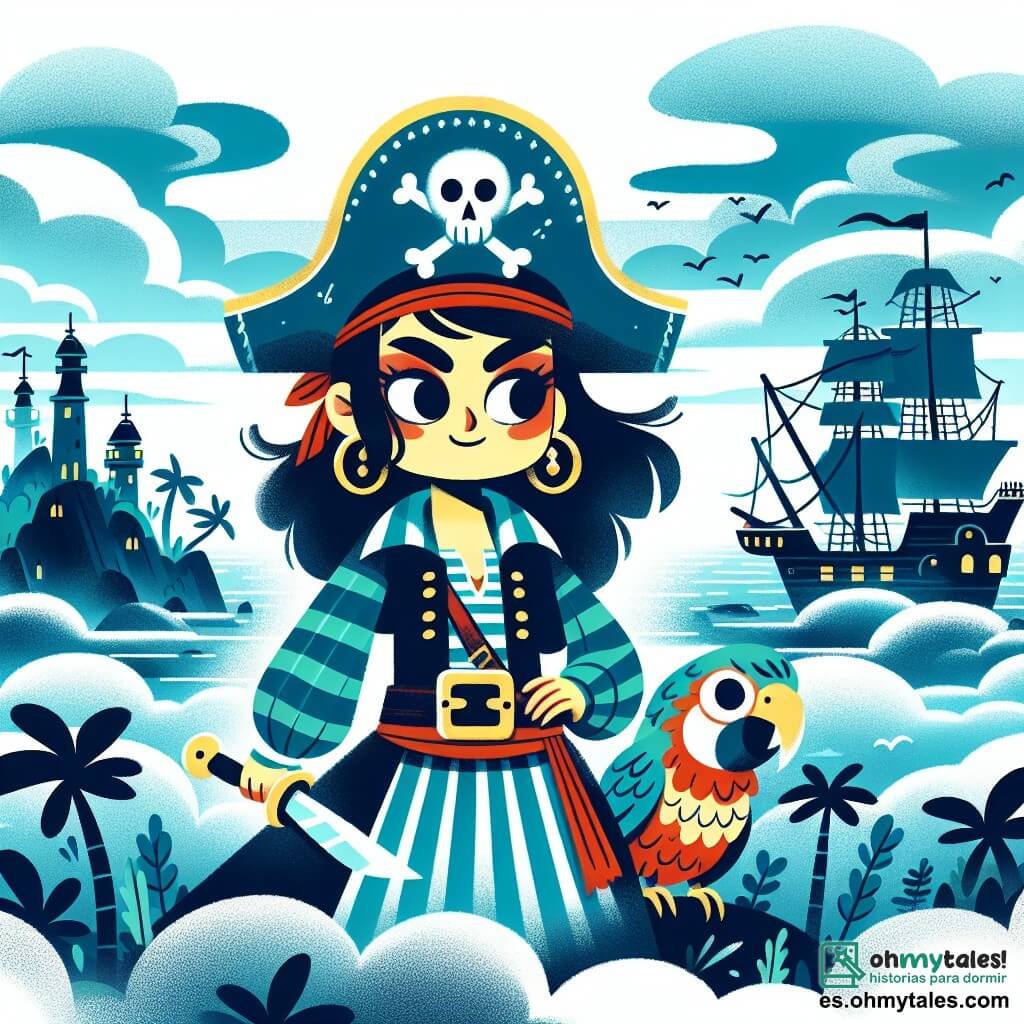 Une illustration destinée aux enfants représentant un courageux capitaine pirate, entouré de son fidèle perroquet bavard, explorant une île mystérieuse enveloppée d'une dense brume océanique.