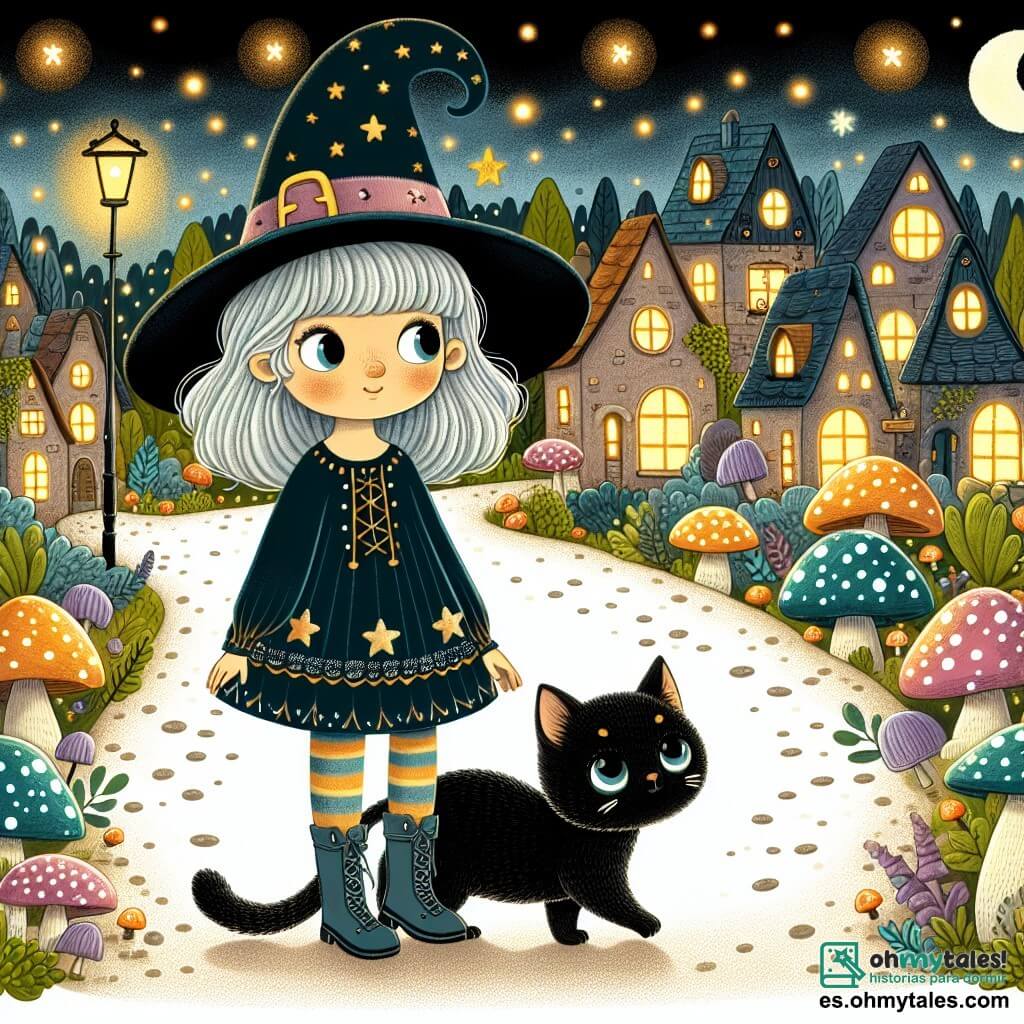 Une illustration destinée aux enfants représentant une jeune sorcière aux cheveux argentés, accompagnée de son fidèle chat noir, explorant un village magique aux maisons en forme de champignons et aux rues illuminées par des lanternes scintillantes.