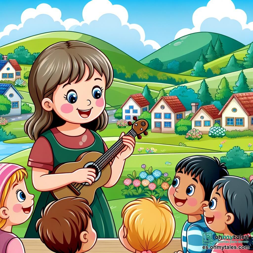 Une illustration destinée aux enfants représentant une jeune fille au doux sourire, partageant sa musique avec des enfants joyeux, dans un village paisible entouré de collines verdoyantes et de maisons colorées.