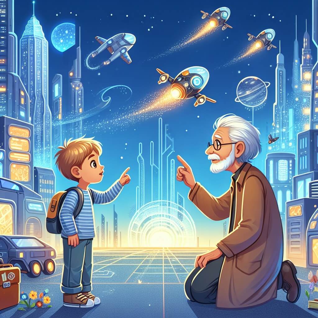 Une illustration destinée aux enfants représentant un jeune garçon curieux et aventurier, se trouvant confronté à un vieux scientifique dans une ville futuriste remplie de gratte-ciel étincelants, véhicules volants et technologies avancées.