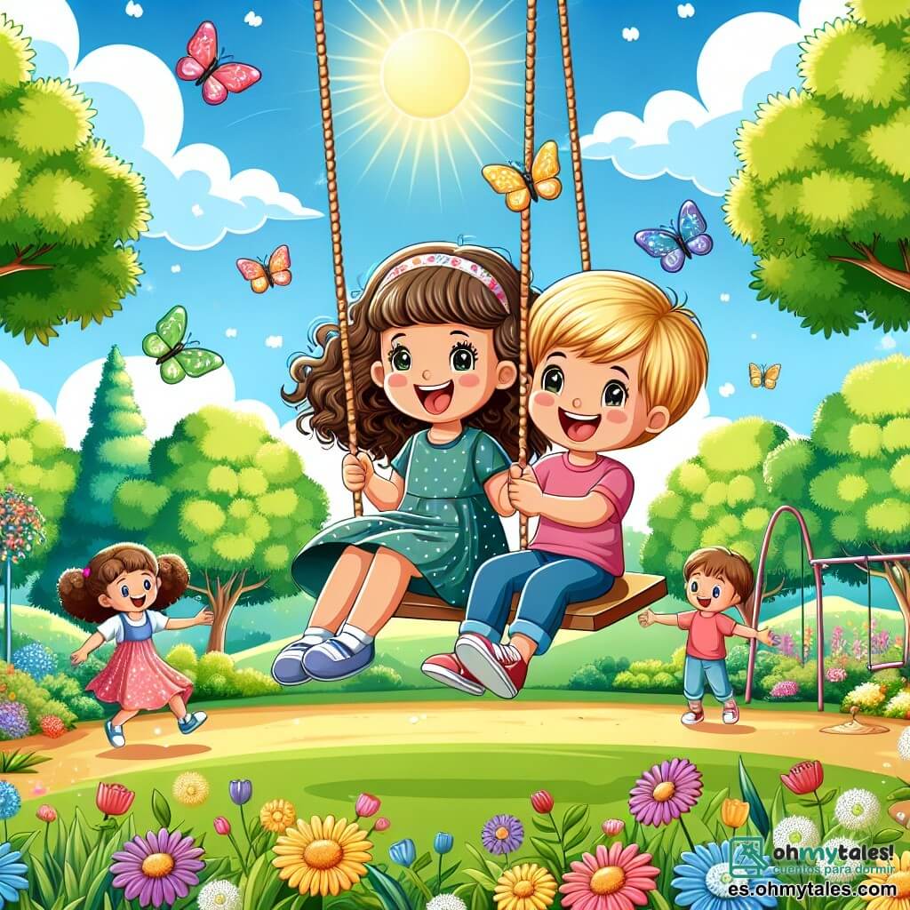 Ilustración que representa un parque soleado, lleno de vegetación exuberante, con árboles de hojas verdes brillantes y flores coloridas esparcidas por el suelo. En el centro, dos niñas, una de 7 años con cabello rizado y castaño, vestida con un vestido azul con lunares blancos, y la otra de 6 años con cabello liso y rubio, usando una camiseta rosa. Están sentadas en un gran columpio, riendo a carcajadas, mientras una empuja a la otra con entusiasmo. Al fondo, niños juegan en la arena, y un cielo azul salpicado de algunas nubes blancas añade un toque de alegría a la escena. Mariposas coloridas vuelan a su alrededor, simbolizando la ligereza de su amistad.