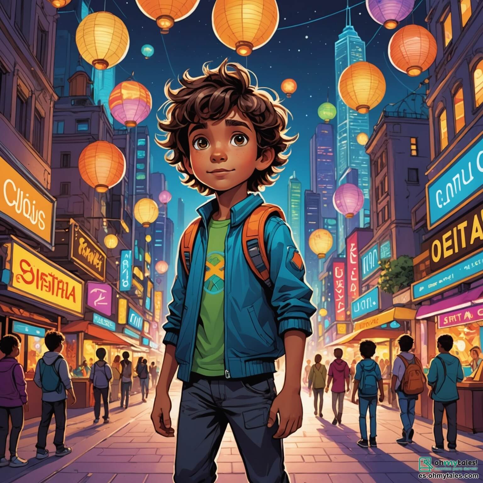 Une illustration destinée aux enfants représentant un garçon aux cheveux ébouriffés, les yeux pétillants de curiosité, évoluant dans une ville futuriste éclatante de néons multicolores et de gratte-ciels scintillants, où un robot amical aux formes arrondies et aux yeux lumineux l'accompagne, le tout se déroulant dans la vibrante Plaza de las Étoiles, ornée de lanternes flottantes et de stands de friandises exotiques, où les rires des enfants résonnent sous un ciel étoilé.