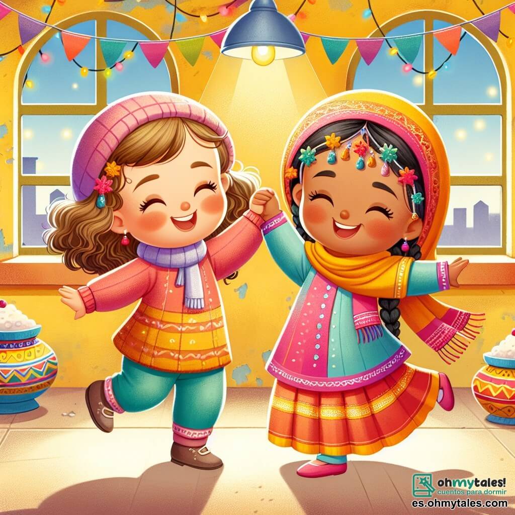 Une illustration sous forme de dessin destinée aux enfants représentant une scène colorée dans une petite école avec des murs peints en jaune, où une fille de 3 ans aux cheveux bouclés et à la peau claire, souriante, joue avec une autre fille de 3 ans à la peau marron et portant un joli foulard coloré, alors qu'elles dansent joyeusement ensemble, entourées de décorations festives et de plats traditionnels, symbolisant l'amitié et la diversité culturelle.