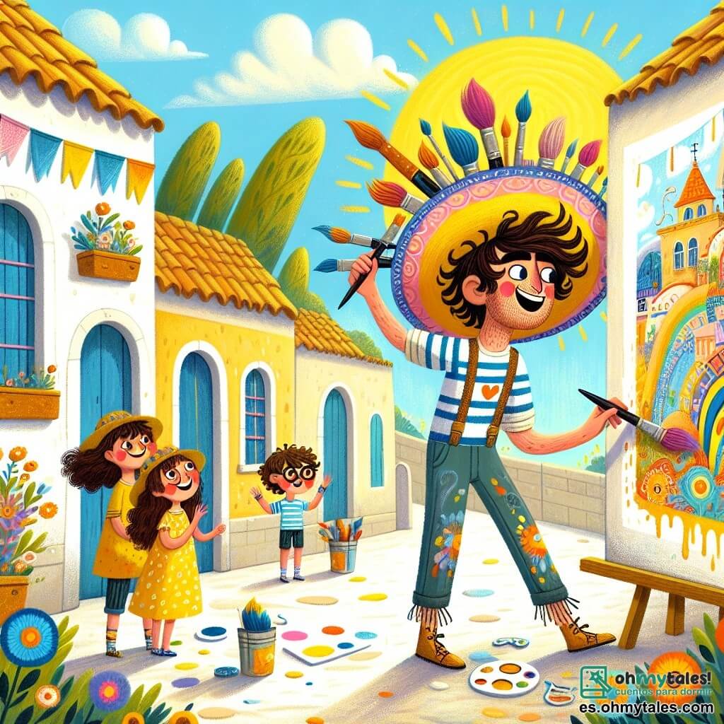 Ilustración que representa una escena vibrante en la plaza central de un pequeño pueblo soleado, rodeada de casas coloridas con fachadas en tonos pastel y flores brillantes que bailan al viento. En el centro, un hombre sonriente, con un gran sombrero colorido adornado con pinceles, está inclinado sobre un muro de hormigón, donde pinta un hermoso mural. Tiene el cabello castaño desordenado, una camisa a rayas y pantalones salpicados de pintura. A su lado, dos niños, una niña de unos 8 años con largos cabellos rizados y un vestido amarillo, y un niño de 9 años con gafas y una camiseta azul, observan con asombro cómo el mural cobra vida. La niña sostiene un pincel en su mano, lista para añadir su toque personal, mientras el niño observa atentamente, con los ojos brillantes de emoción. Al fondo, los aldeanos reunidos, sonriendo y aplaudiendo, añaden una atmósfera de alegría y comunidad. Tarros de pintura colorida están esparcidos a su alrededor y salpicaduras de pintura decoran el suelo, testimoniando el entusiasmo creativo de este día memorable.