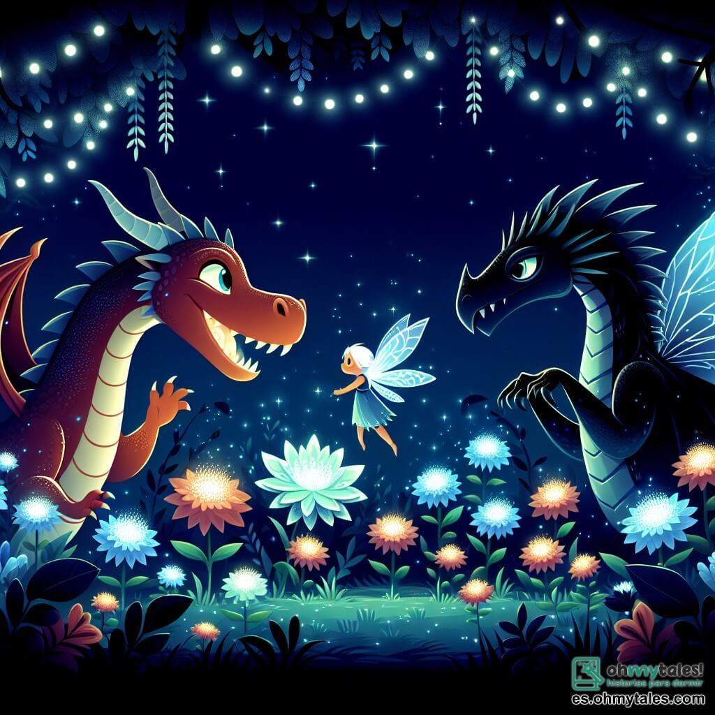 Une illustration destinée aux enfants représentant un dragon lumineux affrontant un dragon sombre dans un bosque enchanté rempli de fleurs phosphorescentes, avec un petit fée aux ailes chatoyantes observant la scène avec admiration.