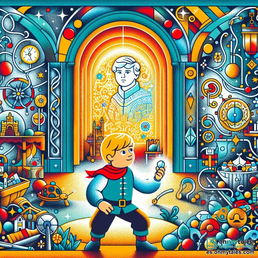 Une illustration destinée aux enfants représentant un petit garçon plein de courage et d'ingéniosité, confronté au défi impossible de nettoyer sa chambre en compagnie d'un calcetín perdu, dans une chambre enchantée aux couleurs vives et aux jouets éparpillés.