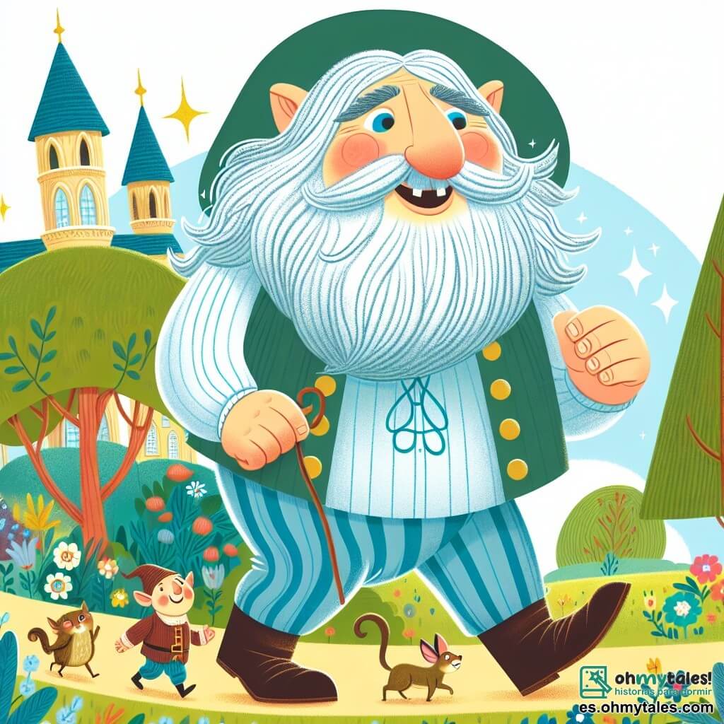 Une illustration destinée aux enfants représentant un géant jovial et bienveillant, se baladant dans un magnifique jardin enchanté, accompagné d'une adorable créature rigolote, à la recherche d'une famille de petits animaux égarés.