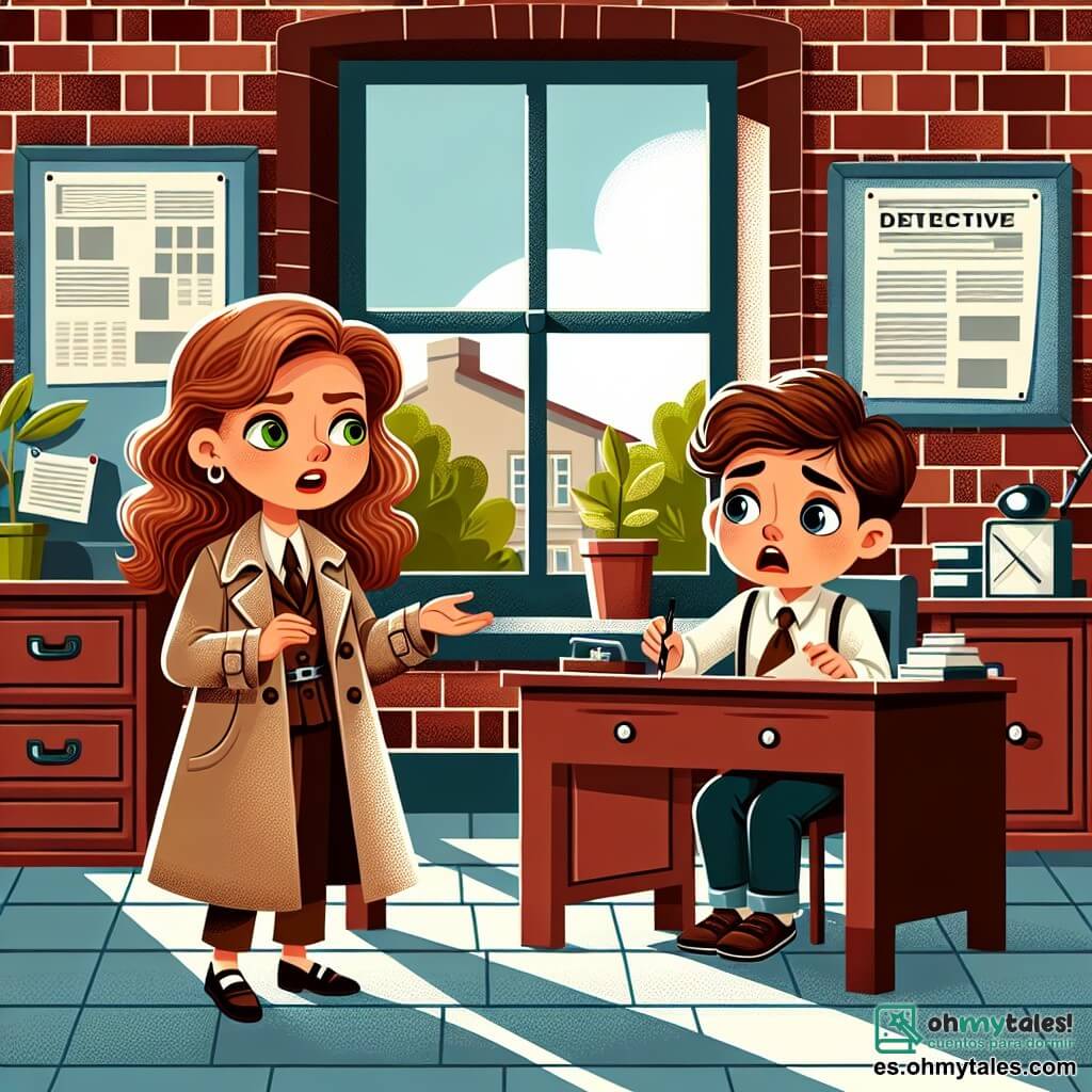 Une illustration sous forme de dessin destinée aux enfants représentant un petit bureau de détective avec des murs en briques rouges, où une femme aux cheveux castaños ondulés et aux yeux verts, vêtue d'un trench-coat, examine des indices sur son bureau, tandis qu'un jeune garçon aux cheveux bruns, inquiet, se tient à côté d'elle, décrivant la mystérieuse disparition de son frère, avec une fenêtre ouverte laissant entrer la lumière du soleil et des ombres dansantes sur le sol.