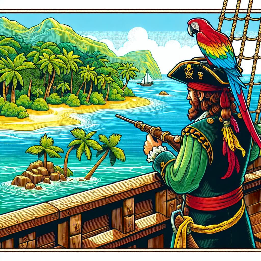 Une illustration destinée aux enfants représentant un intrépide pirate, debout sur le pont d'un navire en bois, observant une île tropicale luxuriante entourée d'eaux cristallines, tandis qu'un perroquet coloré se pose sur son épaule.