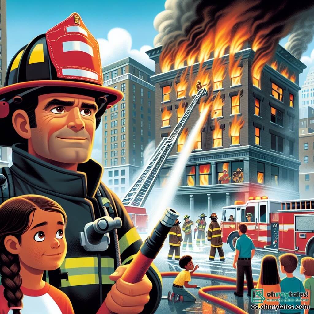 Ilustración que representa una escena dinámica frente a un edificio en llamas en una ciudad animada. Las paredes del edificio están negras de humo, con llamas naranjas y rojas que brotan por las ventanas, mientras curiosos se reúnen en la acera, preocupados. En primer plano, un hombre robusto, con un brillante casco de bombero y un uniforme rojo, se mantiene firme, sosteniendo una gran manguera de incendios. Su rostro es decidido, con rasgos marcados por la experiencia y una sonrisa tranquilizadora. A su lado, una niña de unos 7 años, con trenzas de cabello castaño y una expresión de admiración, observa atentamente, con los ojos muy abiertos. Lleva una camiseta colorida y un short. Al fondo, otros bomberos trabajan, algunos subiendo por una escalera para rescatar personas, mientras otros dirigen el chorro de agua hacia el fuego. Nubes de humo se elevan en el cielo azul, mientras las sirenas de los camiones de bomberos resuenan a lo lejos. La atmósfera es a la vez tensa y heroica, capturando el espíritu de valentía y solidaridad de los bomberos.