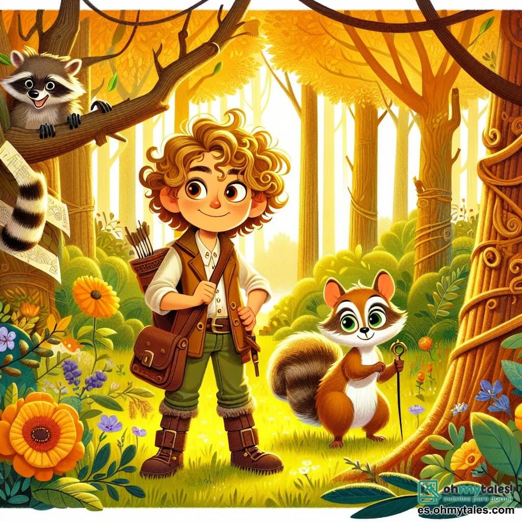 Une illustration sous forme de dessin destinée aux enfants représentant une vaste et colorée Selva Encantada, avec des arbres majestueux aux feuilles dorées et des fleurs éclatantes, où une jeune exploratrice aux cheveux bouclés et brillants comme le soleil, vêtue d'une tenue d'aventurière, se tient avec un sourire déterminé, tenant une carte dans une main et une boussole dans l'autre, tandis qu'à ses côtés, une petite écureuil femelle aux yeux pétillants et à la queue touffue l'observe avec curiosité, toutes deux prêtes à résoudre un mystère et à surmonter les défis d'un mur de branches dressé par un raton malicieux, symbolisant l'esprit d'aventure et d'amitié qui les unit.