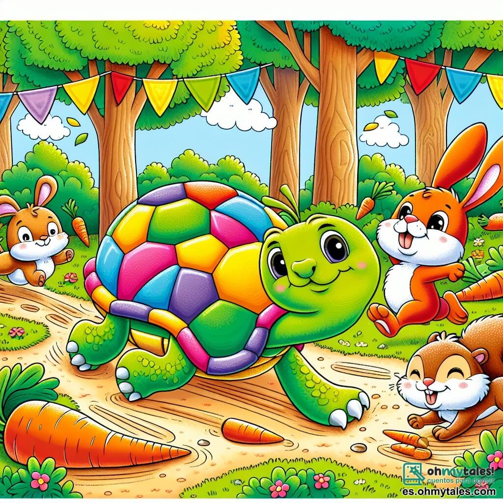 Une illustration sous forme de dessin destinée aux enfants représentant un clair de forêt ensoleillé, avec une tortue colorée au caparazón brillant, souriante et avançant lentement sur un chemin de terre, entourée de ses amis : un petit lapin aux grandes oreilles sautillant joyeusement et une ardilla espiègle grimpant à un arbre, alors qu'ils participent à une course amusante, remplie de rires et de camaraderie, avec des banderoles colorées flottant dans le vent et des carottes disposées sur une table en bois à l'arrière-plan.