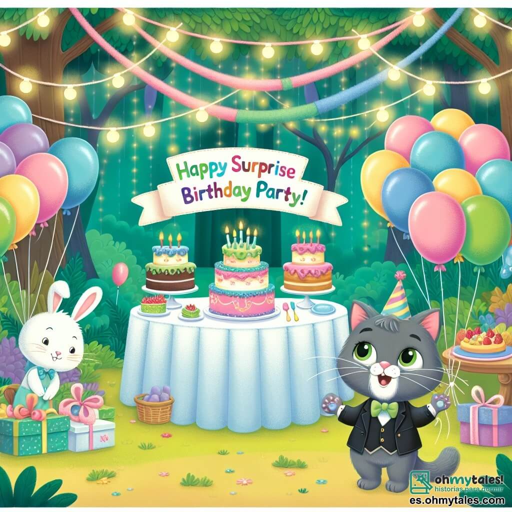 Une illustration destinée aux enfants représentant un chat malicieux, une joyeuse fête d'anniversaire surprise, un lapin garçon, dans un parc enchanté rempli de ballons colorés, guirlandes scintillantes et gâteaux délicieux.
