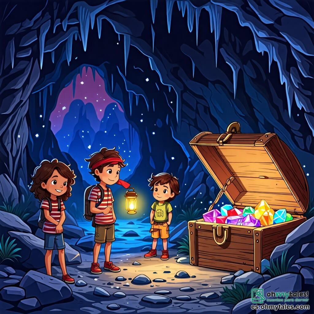 Ilustración que representa una escena mágica en una cueva misteriosa. Las paredes de la cueva están adornadas con piedras brillantes que centellean bajo la luz de las linternas, creando un ambiente de cuento de hadas. Al fondo, un viejo cofre de madera, cubierto de polvo, está entreabierto, dejando entrever piedras preciosas de colores. En esta escena, hay cuatro jóvenes aventureros: una niña de 10 años, con cabello rizado y castaño, que lleva una camiseta a rayas y un short, mira el cofre con ojos desmesurados. A su lado, un niño de 11 años, con cabello rubio alborotado y un pañuelo rojo alrededor del cuello, señala los tesoros con una gran sonrisa. Otra niña de 9 años, con gafas y trenzas, sostiene un mapa antiguo con aire concentrado. Finalmente, una niña de 10 años, sentada en una silla de ruedas, sonríe con entusiasmo, sosteniendo una mochila llena de provisiones. La escena principal muestra a los niños descubriendo el cofre del tesoro, llenos de emoción y curiosidad, mientras una suave luz dorada ilumina la escena, acentuando el sentimiento de aventura y camaradería. Elementos adicionales incluyen sombras proyectadas en las paredes, destellos de luz de las piedras preciosas y detalles de la cueva, como raíces de árboles y estalactitas, que añaden a la atmósfera encantada.
