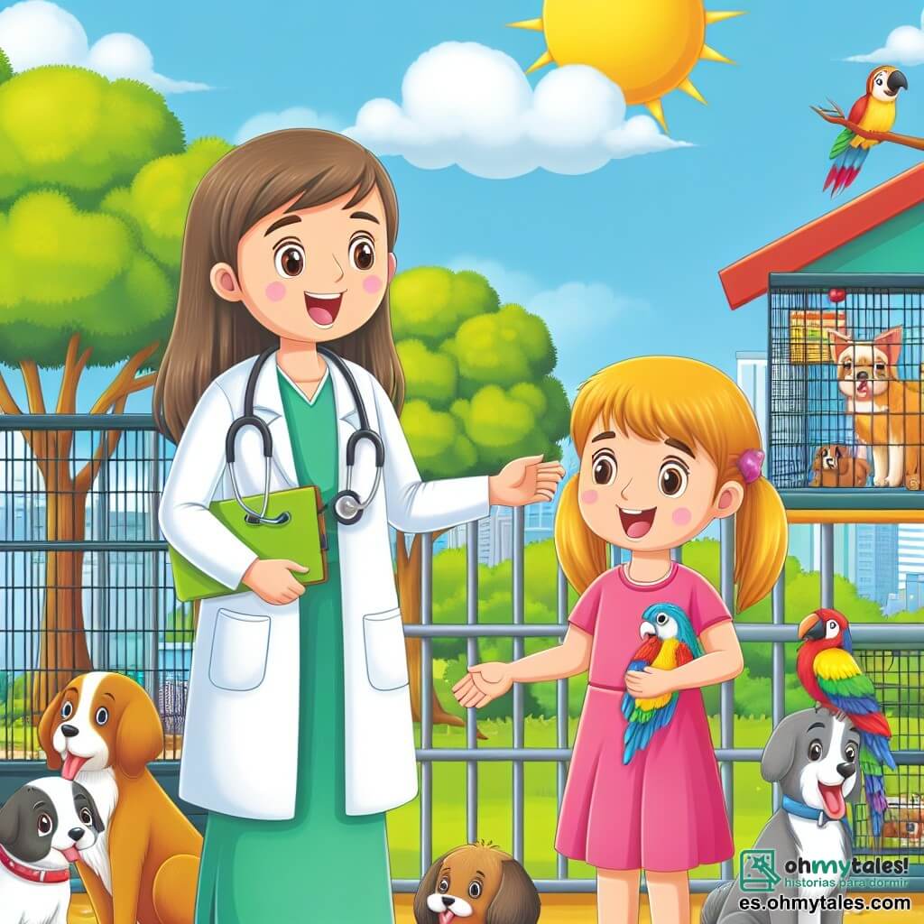 Une illustration destinée aux enfants représentant une jeune fille curieuse et enthousiaste, accompagnée de sa tante vétérinaire, explorant une clinique animée pleine de jaulas colorées, de chiens joyeux et d'un perroquet bavard, située juste à côté d'un parc verdoyant et ensoleillé.