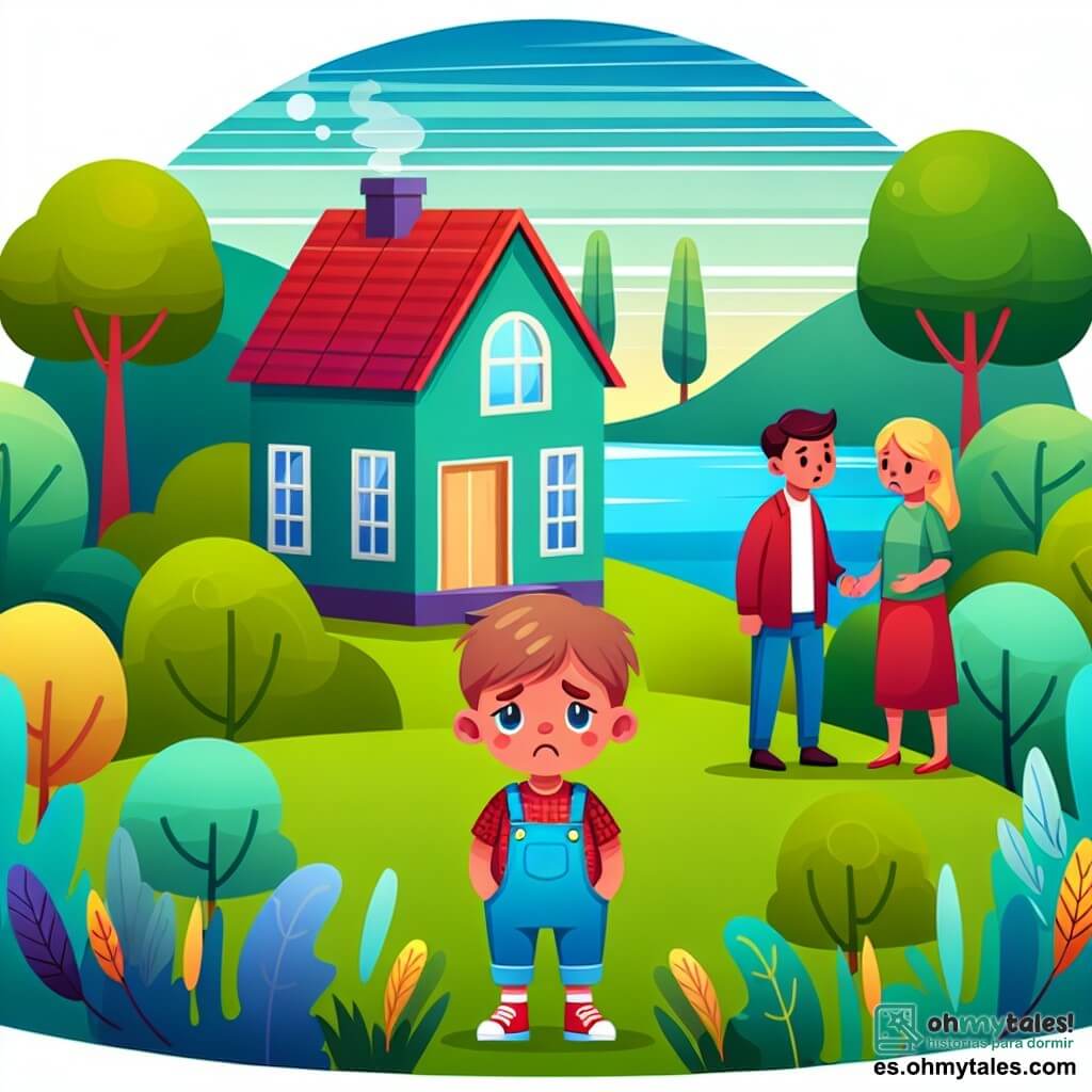 Une illustration destinée aux enfants représentant un petit garçon triste, entouré de parents qui se disputent, dans une petite maison colorée près d'un magnifique et apaisant bosquet verdoyant.