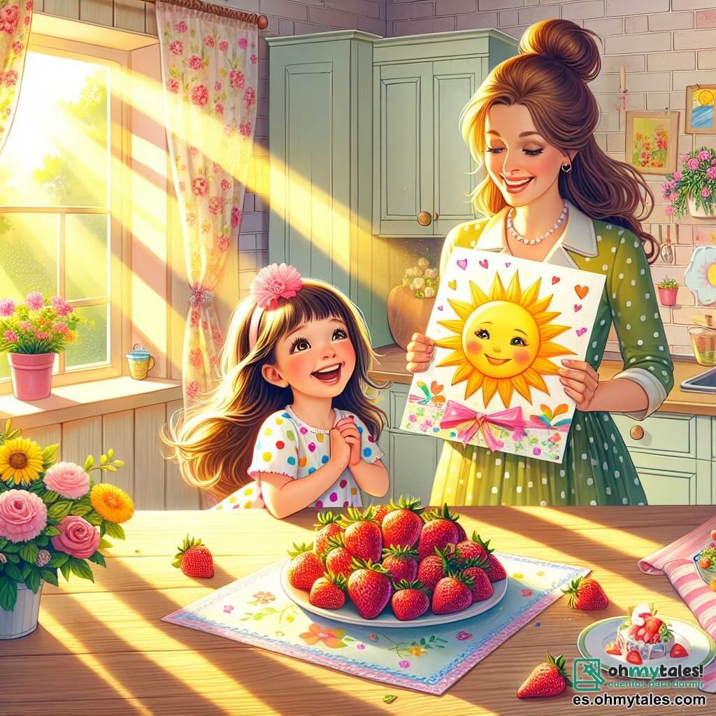 Ilustración que representa una cocina cálida y soleada, con paredes pintadas de amarillo pastel y cortinas con flores que bailan al compás de la brisa. En la mesa de madera, un plato de fresas jugosas brilla bajo la luz de la mañana, mientras que un dibujo colorido de un sol sonriente está colocado al lado.

En el centro de la imagen, una niña de cuatro años, con largos cabellos castaños y ojos brillantes, sonríe alegremente sosteniendo una tarjeta hecha a mano, decorada con colores vivos. Lleva un vestido de lunares que refleja su personalidad juguetona. A su lado, una mujer de unos treinta años, con el cabello castaño recogido en un moño y una sonrisa radiante, está sorprendida y emocionada, con los brazos abiertos para recibir a su hija.

La escena captura el momento mágico en que la niña presenta su regalo sorpresa a su mamá por el Día de la Madre, llena de amor y felicidad. En el fondo, los rayos de sol se filtran a través de la ventana, creando una atmósfera cálida y festiva, mientras que las flores en macetas añaden un toque de frescura a la cocina.