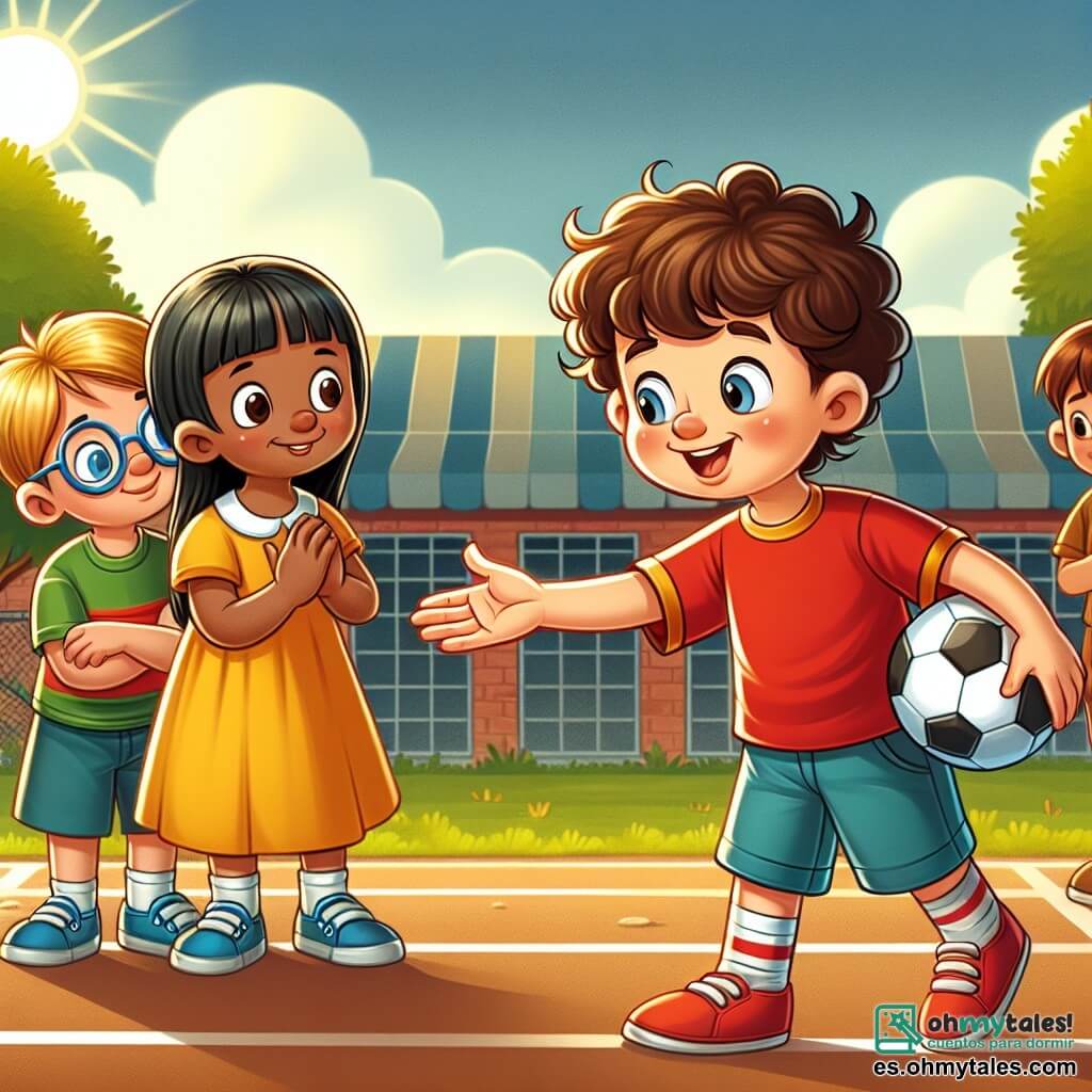 Une illustration sous forme de dessin destinée aux enfants représentant une cour d'école ensoleillée, avec un garçon de 7 ans aux cheveux bruns et bouclés, portant un t-shirt rouge et un short bleu, qui tend la main avec un grand sourire pour inviter un nouvel élève timide, un garçon aux cheveux blonds et aux lunettes, à jouer au football, tandis qu'en arrière-plan, deux autres enfants, une fille aux cheveux longs et noirs avec une robe jaune et un garçon aux cheveux châtains en t-shirt vert, regardent avec des expressions encourageantes, illustrant un moment de solidarité et d'amitié face au harcèlement.