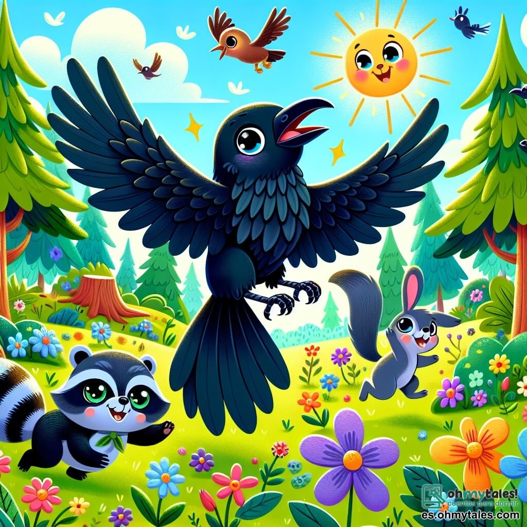 Une illustration sous forme de dessin destinée aux enfants représentant un paysage ensoleillé d'une forêt verdoyante, avec un corbeau aux plumes noires brillantes et aux yeux pétillants, s'élevant dans les airs avec enthousiasme, tandis qu'un petit raton laveur aux yeux malicieux et un lapin aux grandes oreilles l'encouragent depuis le sol, tous célébrant la joie de voler et de s'amuser ensemble, entourés de fleurs colorées et d'arbres majestueux.