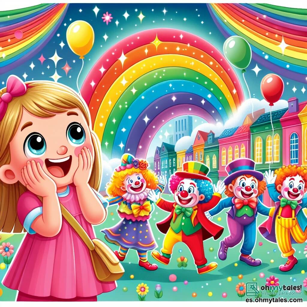 Une illustration destinée aux enfants représentant une fillette émerveillée par la magie du Carnaval, accompagnée d'un joyeux groupe de payasos coloridos, dans le colorido pueblo de Arcoíris, où les rues se remplissent de lumières et de couleurs vives.