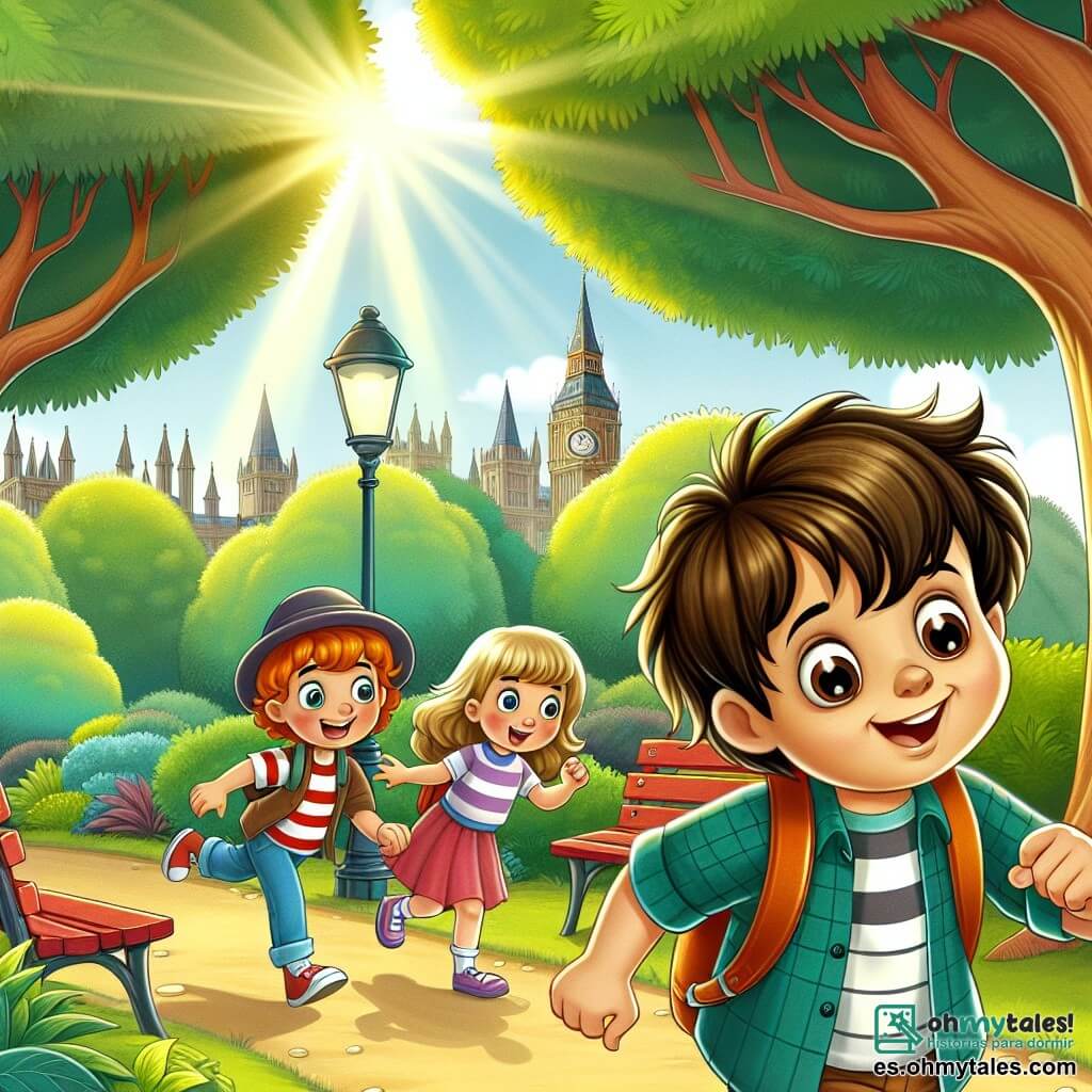 Une illustration destinée aux enfants représentant un jeune garçon malicieux menant une enquête captivante avec ses amis dans un parc ensoleillé, accompagné d'une fille curieuse et d'un garçon courageux, entourés de grands arbres verts et de bancs colorés.