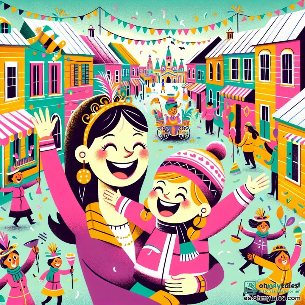 Une illustration destinée aux enfants représentant une petite fille excitée par le carnaval, accompagnée de sa maman, dans un village aux maisons colorées et aux rues animées par les préparatifs festifs.