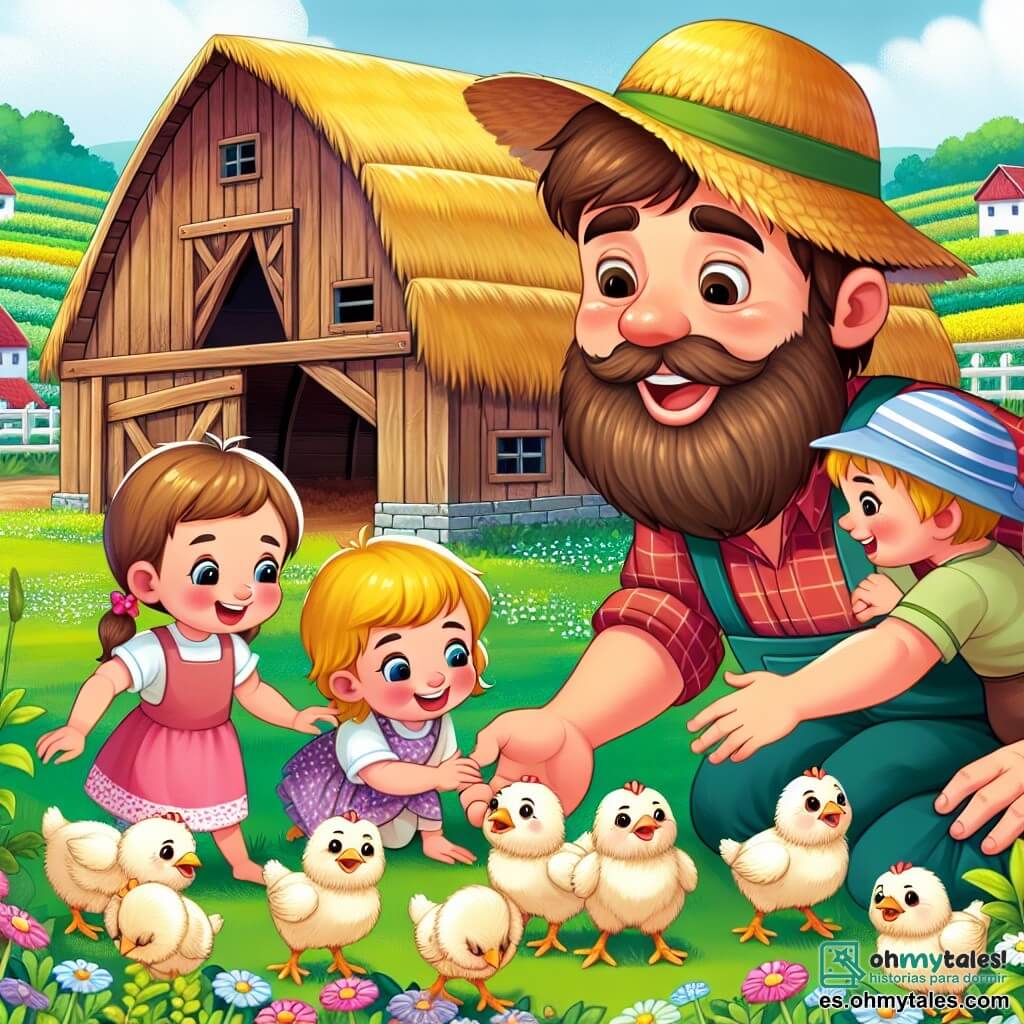 Une illustration destinée aux enfants représentant un fermier robuste et souriant, accompagné de ses enfants curieux, découvrant un groupe de poussins dans un grand grenier en bois au toit de chaume, entouré de champs verdoyants et de fleurs sauvages colorées, dans le paisible village de Solbrillo.