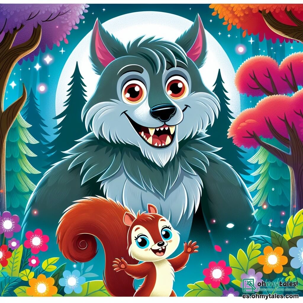 Une illustration destinée aux enfants représentant un loup-garou au sourire éclatant, accompagné d'un joyeux écureuil, dans une forêt enchantée aux arbres colorés et aux fleurs lumineuses.