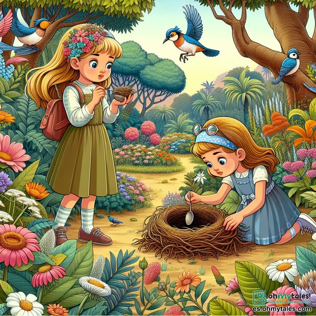 Une illustration destinée aux enfants représentant une jeune fille curieuse et passionnée de nature, découvrant un nid d'oiseau avec l'aide de son amie, dans un jardin botanique luxuriant rempli de fleurs colorées et d'arbres majestueux.