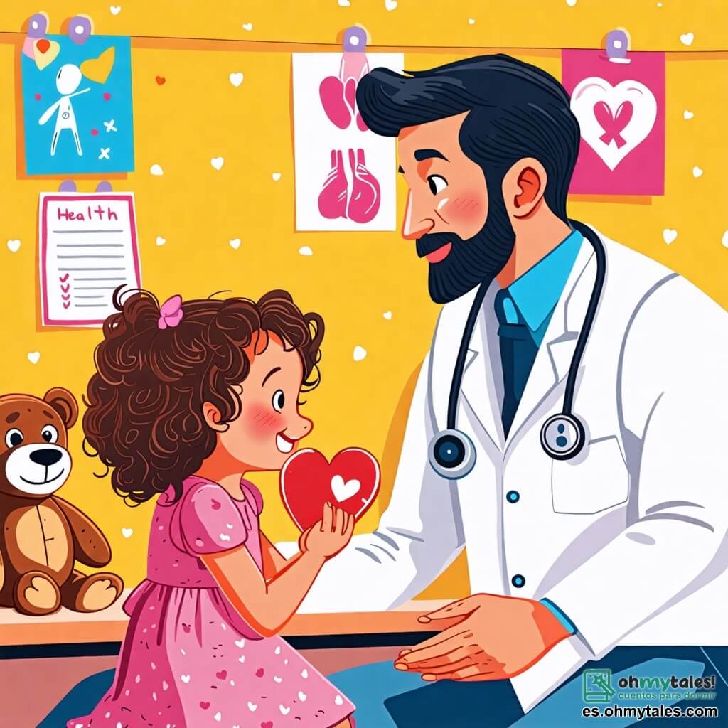 Une illustration sous forme de dessin destinée aux enfants représentant une salle de consultation lumineuse et colorée, avec des posters de santé sur les murs, où un médecin homme, d'une trentaine d'années, portant une blouse blanche et un stéthoscope autour du cou, écoute le cœur d'une petite fille aux cheveux bruns et bouclés, vêtue d'une robe rose, qui sourit tout en toussant légèrement, tandis qu'un ours en peluche, assis sur la table, semble attentif à la scène, créant une atmosphère chaleureuse et rassurante.