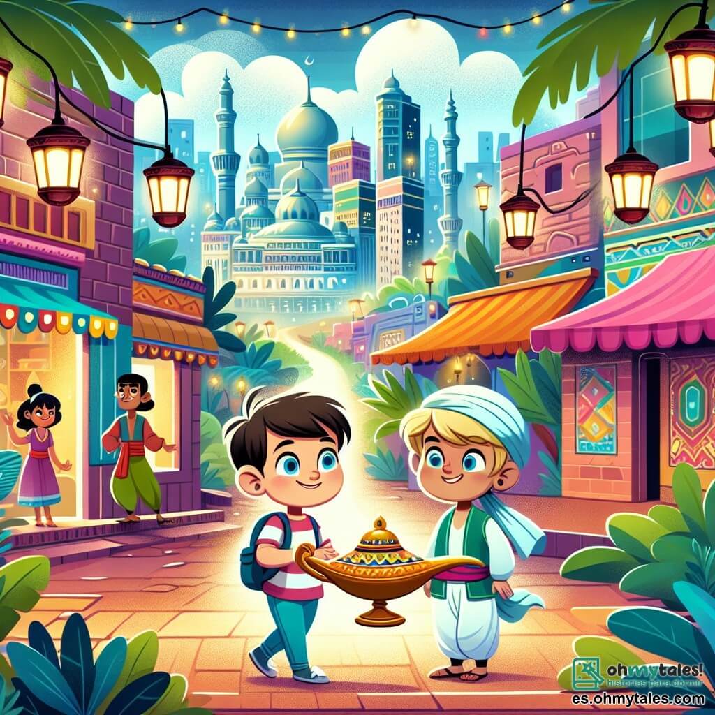 Une illustration destinée aux enfants représentant un jeune garçon intrépide, découvrant une lampe mystérieuse dans un marché animé, accompagné d'un génie bienveillant, au cœur d'une ville moderne resplendissante de couleurs vives et de verdure luxuriante.