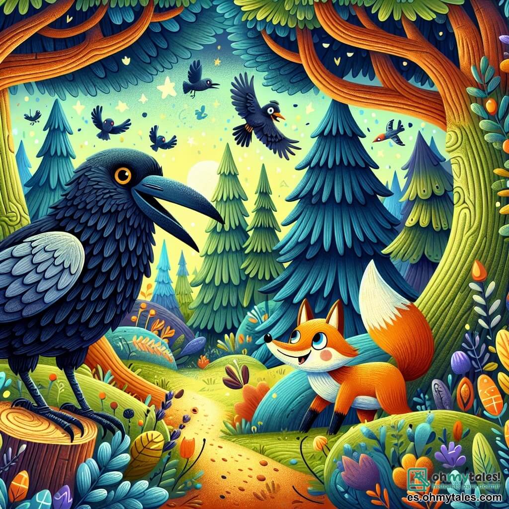 Une illustration destinée aux enfants représentant un corbeau malicieux, un renard rusé, dans la forêt enchantée aux arbres majestueux et aux couleurs vives, où se déroulent des aventures pleines de rires et de surprises.