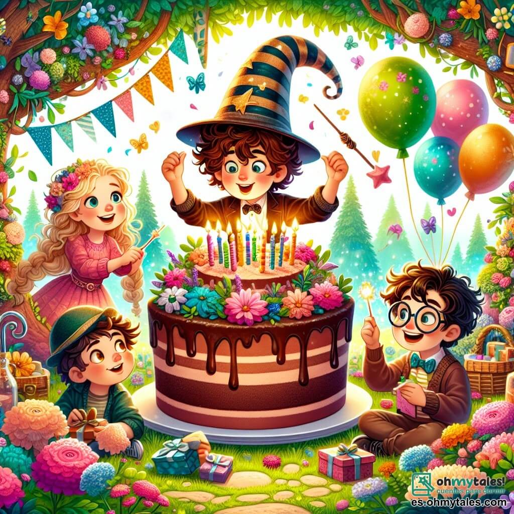 Une illustration sous forme de dessin destinée aux enfants représentant un jardin enchanté rempli de fleurs colorées et de ballons flottants, où un garçon de 11 ans aux cheveux bruns et bouclés, portant un chapeau de magicien fait de cartulina, s'apprête à souffler les bougies d'un énorme gâteau au chocolat, entouré de ses amis, une fille aux cheveux blonds tressés qui sourit avec enthousiasme et un garçon aux lunettes rondes qui tient un petit cadeau, tous impatients de célébrer un anniversaire magique dans une ambiance joyeuse et festive.