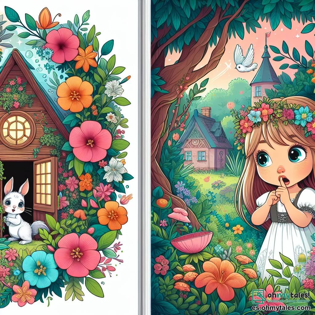 Une illustration destinée aux enfants représentant une petite fille curieuse qui découvre un secret, avec l'aide de son ami imaginaire, dans une maison enchantée entourée de fleurs colorées et d'arbres magiques.