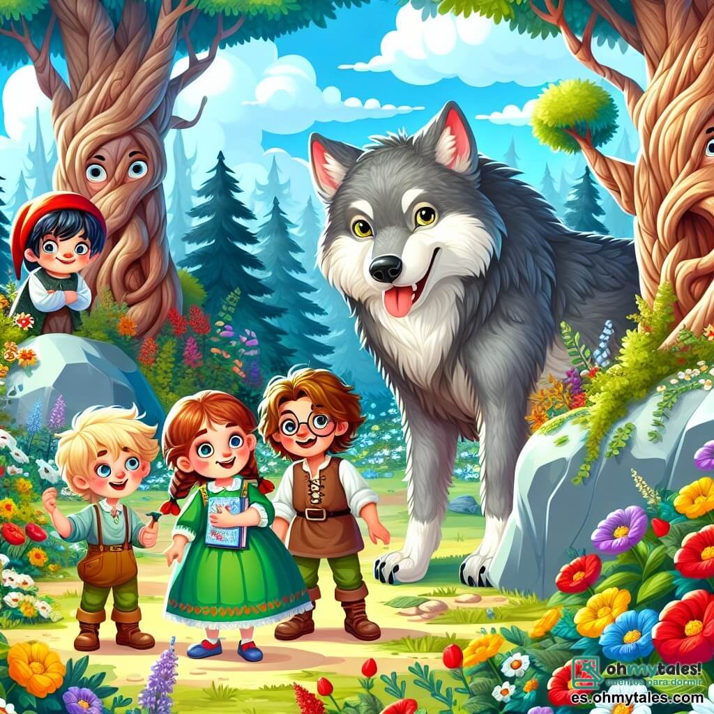Ilustración que representa una escena mágica en un bosque encantado, donde grandes árboles de troncos retorcidos se elevan hacia un cielo azul salpicado de nubes esponjosas. Flores brillantes de colores vivos, como rojos, amarillos y violetas, cubren el suelo, mientras que una gran roca en forma de sillón se encuentra en el centro de la escena. En primer plano, tres niños están juntos: una niña de 8 años con largos cabellos dorados, vestida con un vestido verde, que mira con curiosidad a un gran lobo de pelaje gris y ojos suaves. A su lado, un niño de 9 años con gafas redondas y cabello castaño desordenado, que sonríe entusiasmado, sosteniendo un pequeño cuaderno en la mano. Finalmente, otra niña de 7 años, con cabello castaño y una pequeña trenza, que observa al lobo con una mirada amigable, un lápiz en la mano lista para dibujar. La situación principal muestra al lobo, que, aunque grande e imponente, tiene una expresión amistosa en su rostro, inclinándose ligeramente hacia los niños, como si quisiera hablarles. A su alrededor, vuelan aves coloridas y una luz suave filtra a través de las hojas, creando una atmósfera cálida y acogedora. Pequeños animales, como ardillas y conejos, se esconden detrás de los árboles, observando la escena con curiosidad.