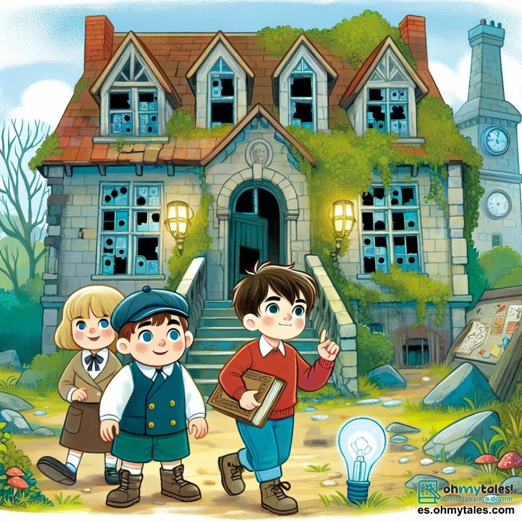 Une illustration destinée aux enfants représentant un garçon curieux et courageux, accompagné de ses amis, une fille intelligente et un garçon intrépide, explorant une maison abandonnée pleine de mystères, avec des fenêtres brisées et des murs recouverts de lierre, dans le petit village pittoresque de Villa Esperanza.